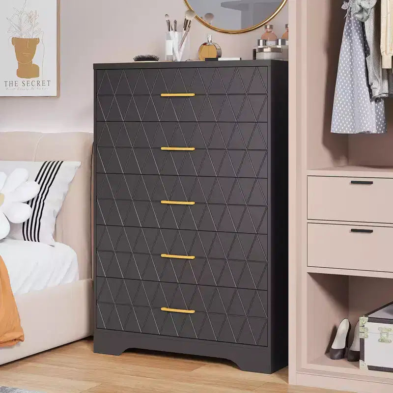 5 Drawer Tall Wood Dresser for Bedroom, Wooden Chest of Drawers with Gold Handles for Closet, Modern Storage Cabinet and Organizer Drawers