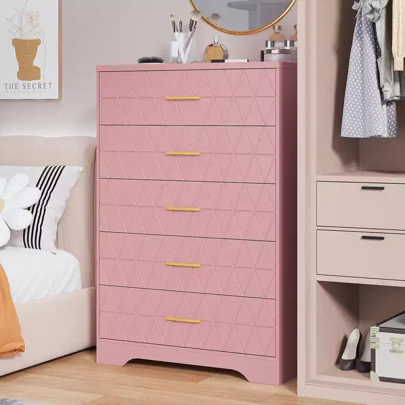 5 Drawer Tall Wood Dresser for Bedroom, Wooden Chest of Drawers with Gold Handles for Closet, Modern Storage Cabinet and Organizer Drawers
