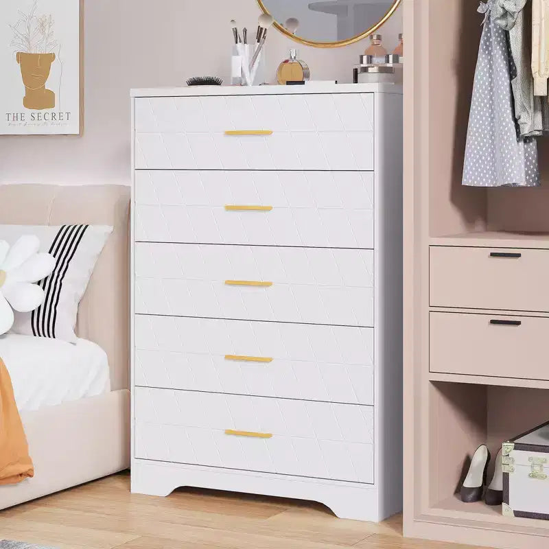 5 Drawer Tall Wood Dresser for Bedroom, Wooden Chest of Drawers with Gold Handles for Closet, Modern Storage Cabinet and Organizer Drawers