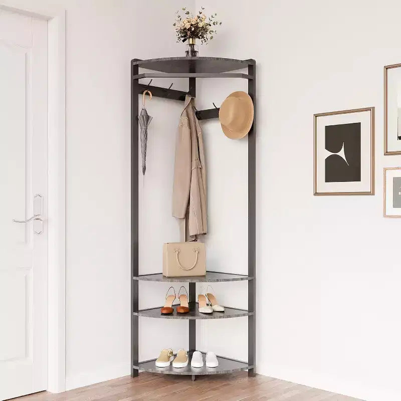 Corner Coat Rack with 3 Storage Shelves, 6 Double Hooks & Spacious Storage Shelf, Corner Hall Tree and Clothes Rack for for Bedroom, Living Room