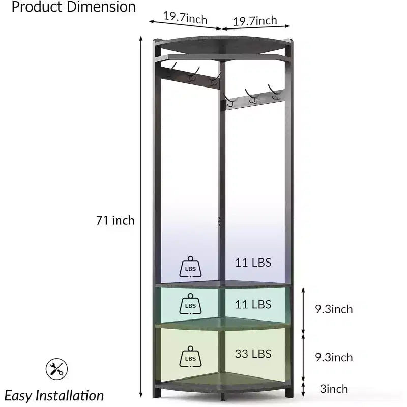 Corner Coat Rack with 3 Storage Shelves, 6 Double Hooks & Spacious Storage Shelf, Corner Hall Tree and Clothes Rack for for Bedroom, Living Room