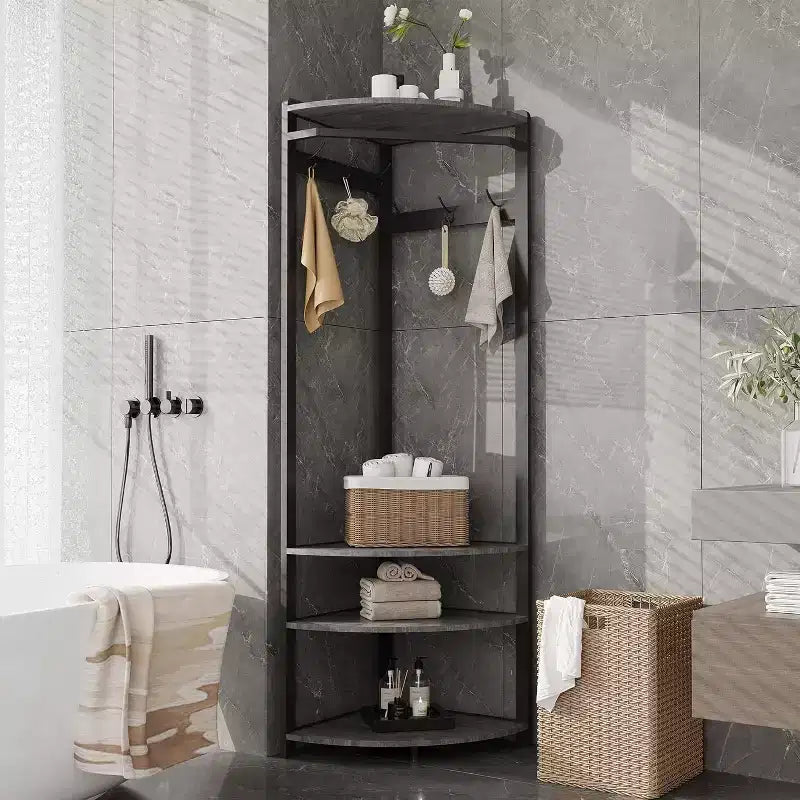 Corner Coat Rack with 3 Storage Shelves, 6 Double Hooks & Spacious Storage Shelf, Corner Hall Tree and Clothes Rack for for Bedroom, Living Room