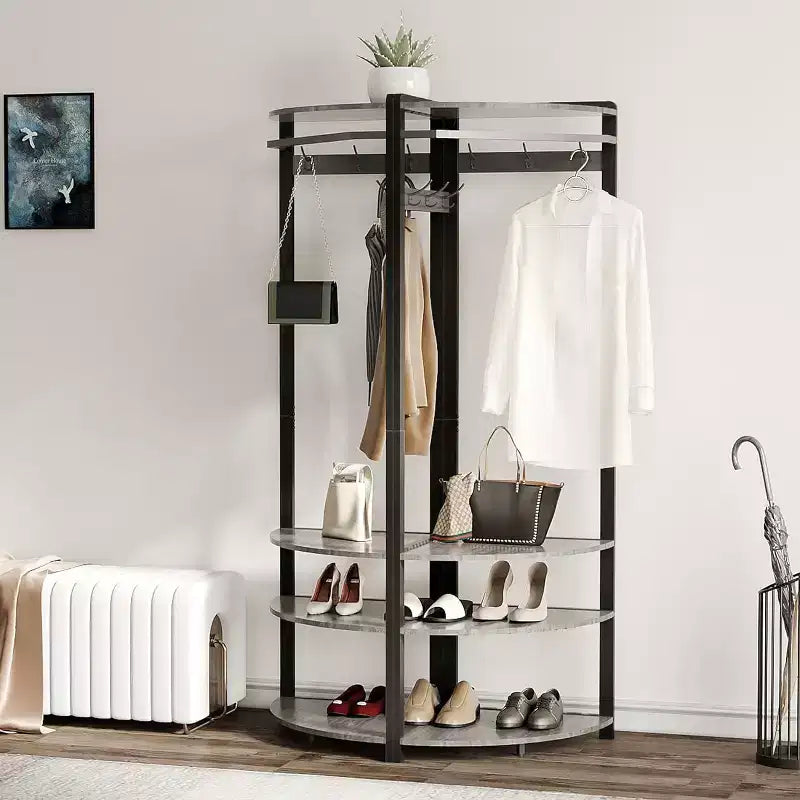 Corner Coat Rack with 3 Storage Shelves, 6 Double Hooks & Spacious Storage Shelf, Corner Hall Tree and Clothes Rack for for Bedroom, Living Room