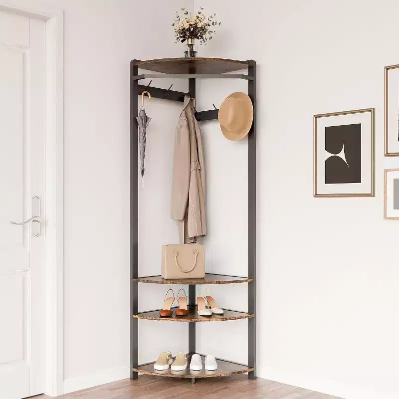 Corner Coat Rack with 3 Storage Shelves, 6 Double Hooks & Spacious Storage Shelf, Corner Hall Tree and Clothes Rack for for Bedroom, Living Room