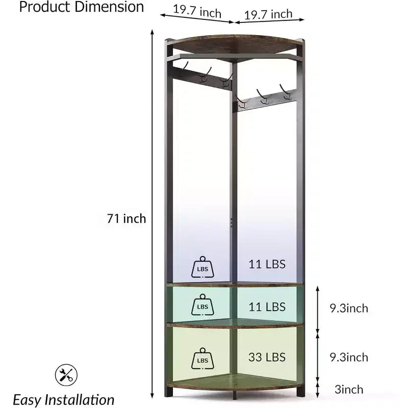 Corner Coat Rack with 3 Storage Shelves, 6 Double Hooks & Spacious Storage Shelf, Corner Hall Tree and Clothes Rack for for Bedroom, Living Room