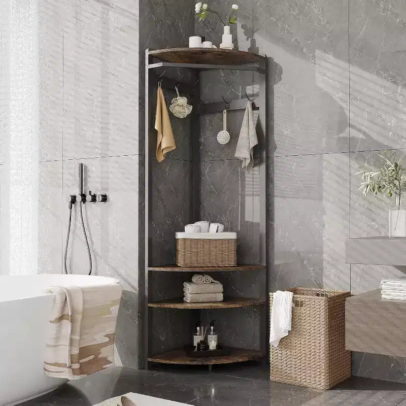 Corner Coat Rack with 3 Storage Shelves, 6 Double Hooks & Spacious Storage Shelf, Corner Hall Tree and Clothes Rack for for Bedroom, Living Room