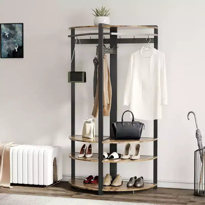 Corner Coat Rack with 3 Storage Shelves, 6 Double Hooks & Spacious Storage Shelf, Corner Hall Tree and Clothes Rack for for Bedroom, Living Room