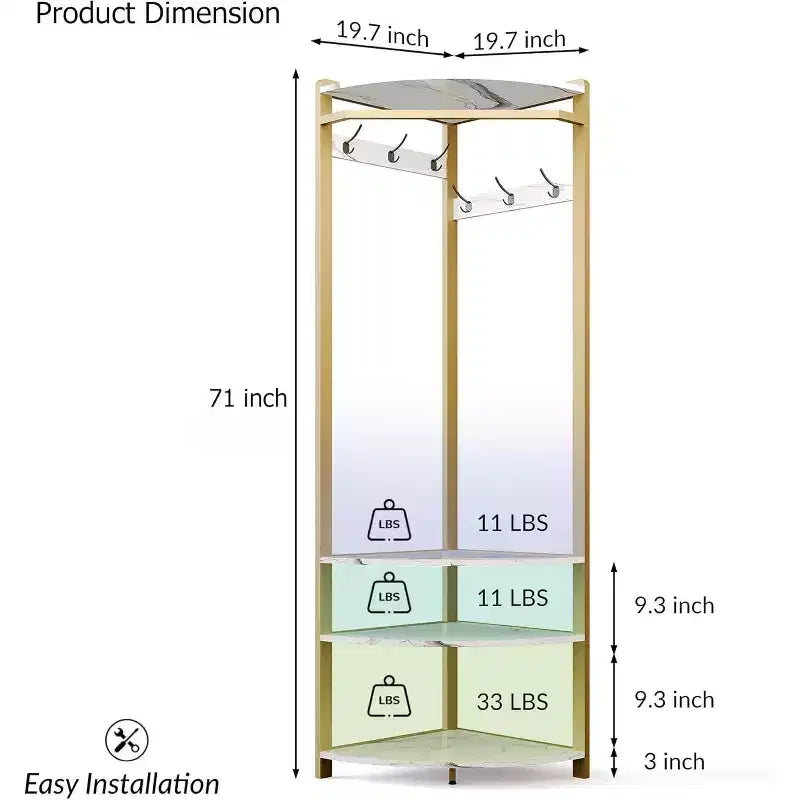Corner Coat Rack with 3 Storage Shelves, 6 Double Hooks & Spacious Storage Shelf, Corner Hall Tree and Clothes Rack for for Bedroom, Living Room