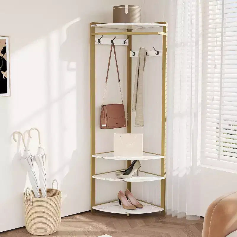 Corner Coat Rack with 3 Storage Shelves, 6 Double Hooks & Spacious Storage Shelf, Corner Hall Tree and Clothes Rack for for Bedroom, Living Room