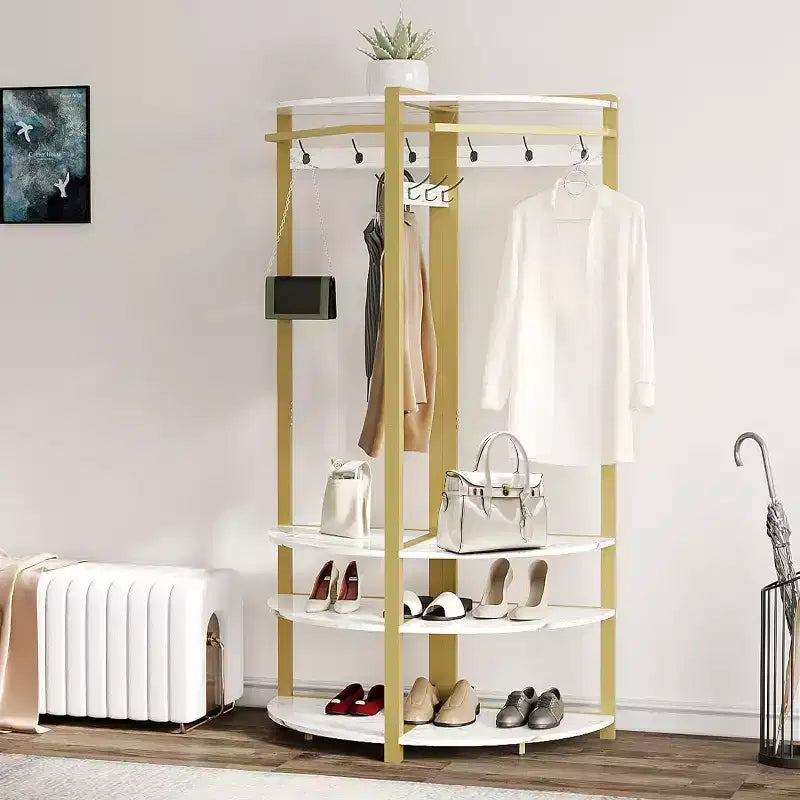 Corner Coat Rack with 3 Storage Shelves, 6 Double Hooks & Spacious Storage Shelf, Corner Hall Tree and Clothes Rack for for Bedroom, Living Room
