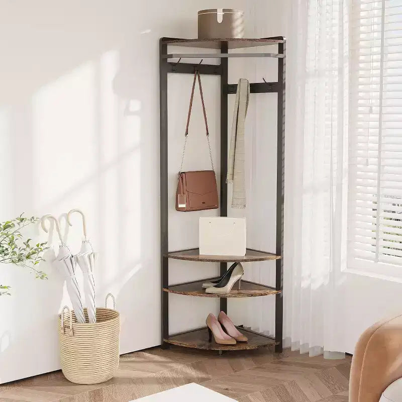Corner Coat Rack with 3 Storage Shelves, 6 Double Hooks & Spacious Storage Shelf, Corner Hall Tree and Clothes Rack for for Bedroom, Living Room
