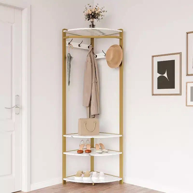 Corner Coat Rack with 3 Storage Shelves, 6 Double Hooks & Spacious Storage Shelf, Corner Hall Tree and Clothes Rack for for Bedroom, Living Room