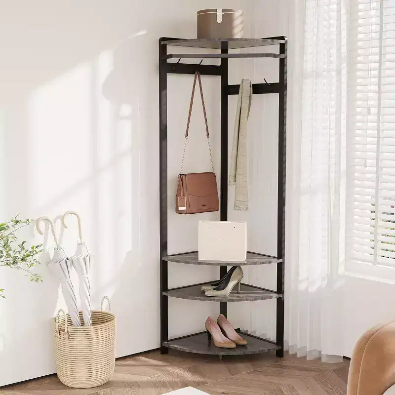Corner Coat Rack with 3 Storage Shelves, 6 Double Hooks & Spacious Storage Shelf, Corner Hall Tree and Clothes Rack for for Bedroom, Living Room