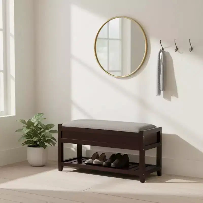 Homy Casa Wooden Storage Shoe Bench with Upholstered Seat for Entryway, Hallway, Espresso