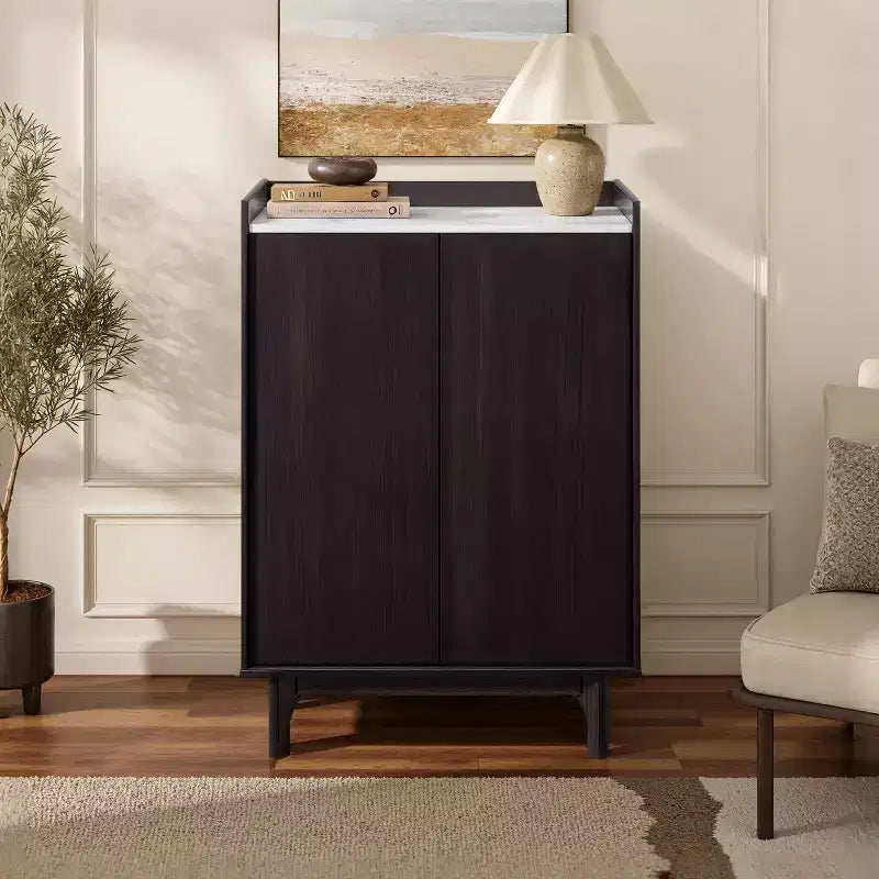 LuxenHome 31.4 W Modi Wenge Accent Cabinet with Faux Marble Top, Storage Cabinet with Door, Dark Brown