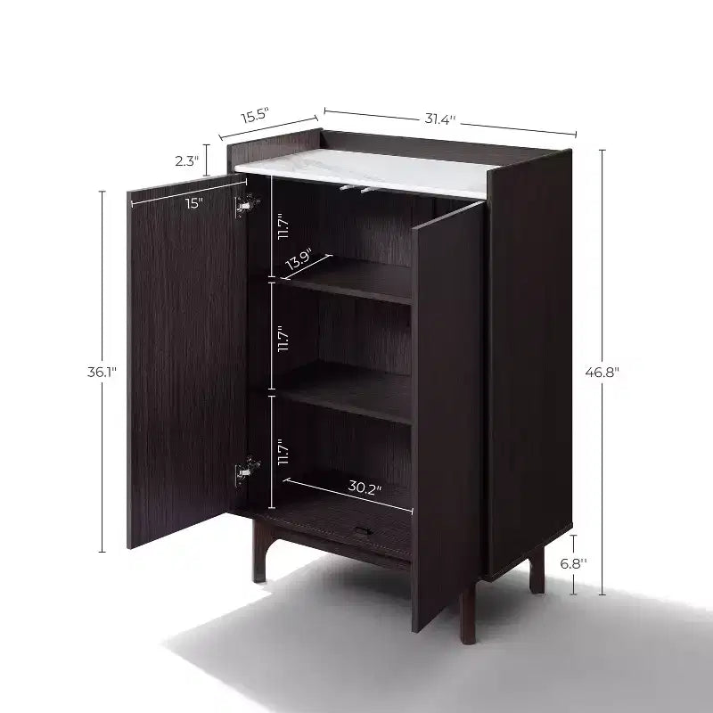 LuxenHome 31.4 W Modi Wenge Accent Cabinet with Faux Marble Top, Storage Cabinet with Door, Dark Brown
