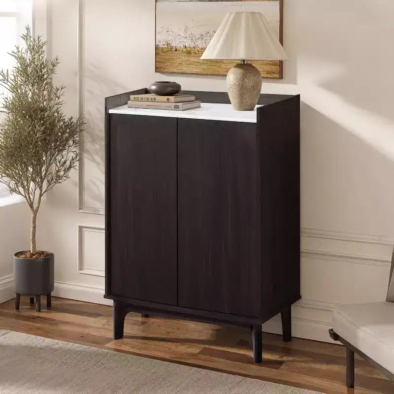 LuxenHome 31.4 W Modi Wenge Accent Cabinet with Faux Marble Top, Storage Cabinet with Door, Dark Brown