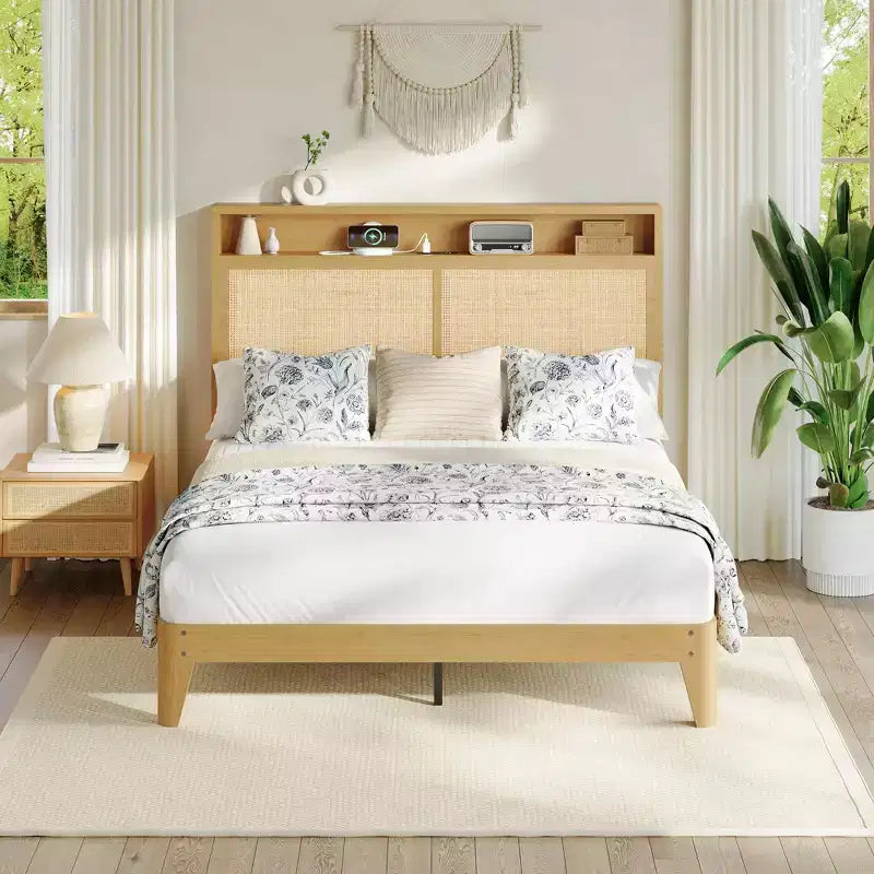 Rattan Queen Platform Bed with LED Headboard & Charging Station, 2Tier Storage Shelves, Solid Wood Slat Support, Underbed Storage, No Box Spring