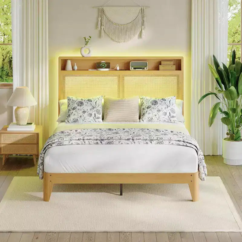 Rattan Queen Platform Bed with LED Headboard & Charging Station, 2Tier Storage Shelves, Solid Wood Slat Support, Underbed Storage, No Box Spring