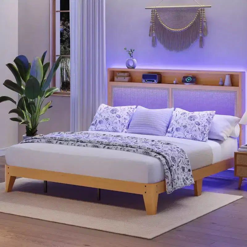 Rattan Queen Platform Bed with LED Headboard & Charging Station, 2Tier Storage Shelves, Solid Wood Slat Support, Underbed Storage, No Box Spring