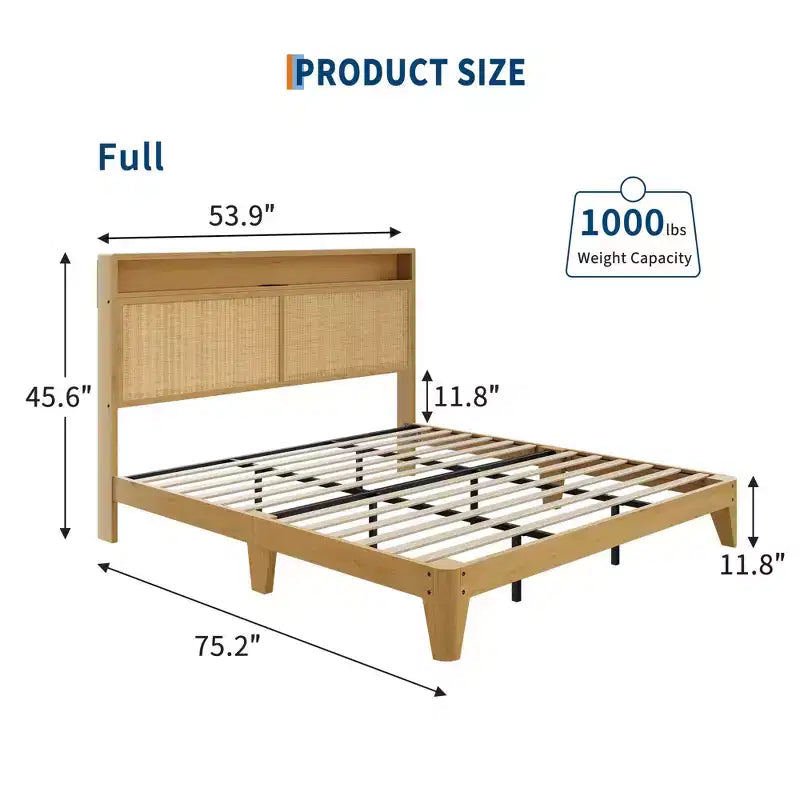 Rattan Queen Platform Bed with LED Headboard & Charging Station, 2Tier Storage Shelves, Solid Wood Slat Support, Underbed Storage, No Box Spring