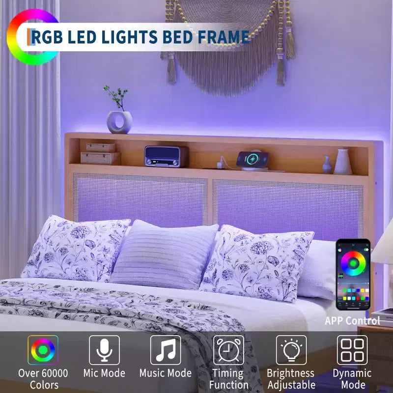 Rattan Queen Platform Bed with LED Headboard & Charging Station, 2Tier Storage Shelves, Solid Wood Slat Support, Underbed Storage, No Box Spring