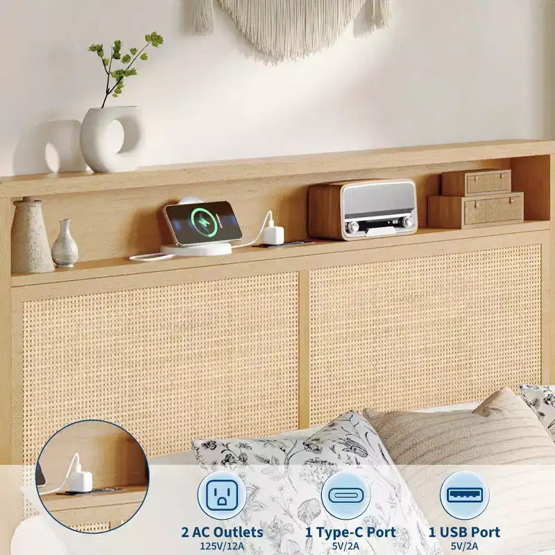Rattan Queen Platform Bed with LED Headboard & Charging Station, 2Tier Storage Shelves, Solid Wood Slat Support, Underbed Storage, No Box Spring