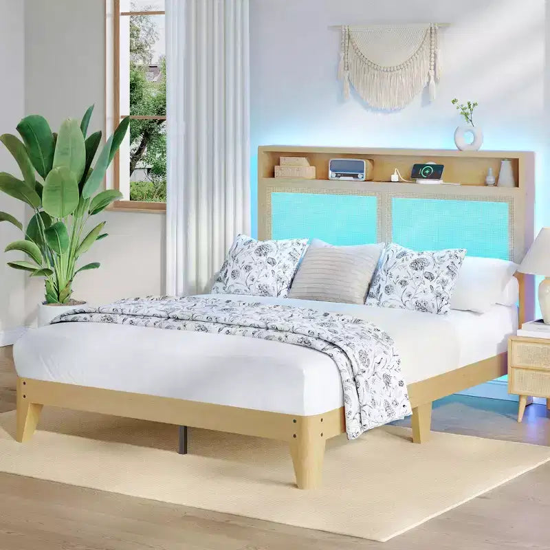 Rattan Queen Platform Bed with LED Headboard & Charging Station, 2Tier Storage Shelves, Solid Wood Slat Support, Underbed Storage, No Box Spring