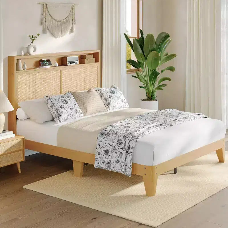 Rattan Queen Platform Bed with LED Headboard & Charging Station, 2Tier Storage Shelves, Solid Wood Slat Support, Underbed Storage, No Box Spring