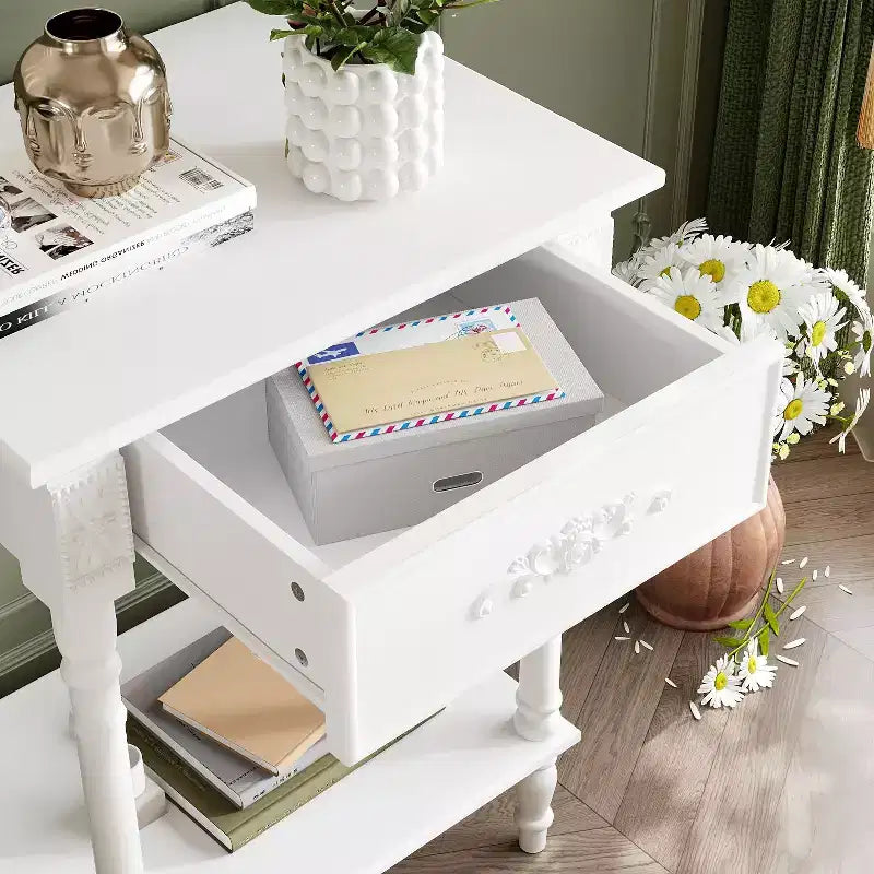 Famapy White/Black Vintage End Table with Drawer,Coffee Side Table,Bedside Table,Add Charm to Your Living Space