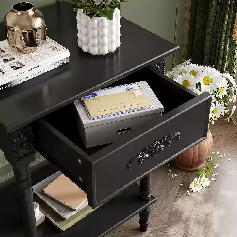 Famapy White/Black Vintage End Table with Drawer,Coffee Side Table,Bedside Table,Add Charm to Your Living Space