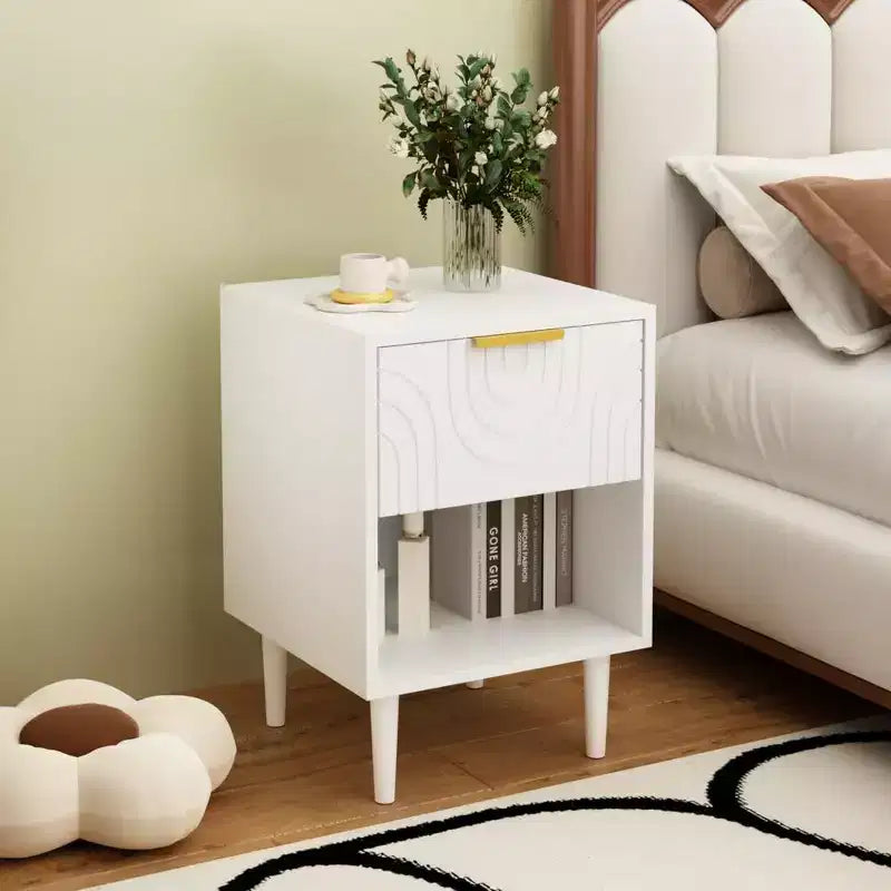 Zeus & Ruta 22.83 Modern White Nightstand with Gold Handle, One Drawer and Open Shelf for Bedroom Storage