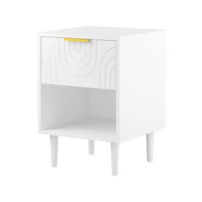 Zeus & Ruta 22.83 Modern White Nightstand with Gold Handle, One Drawer and Open Shelf for Bedroom Storage