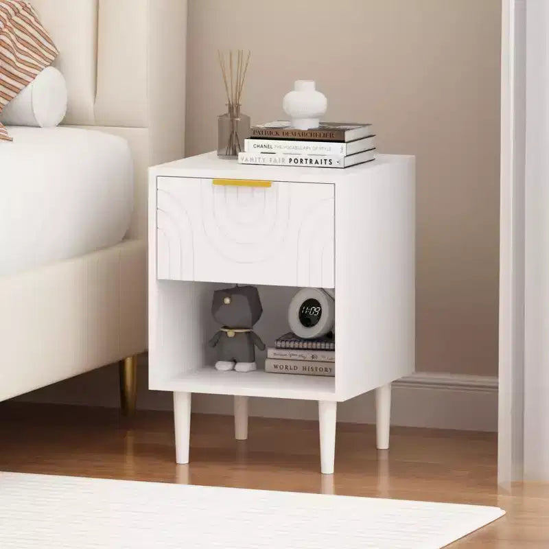 Zeus & Ruta 22.83 Modern White Nightstand with Gold Handle, One Drawer and Open Shelf for Bedroom Storage