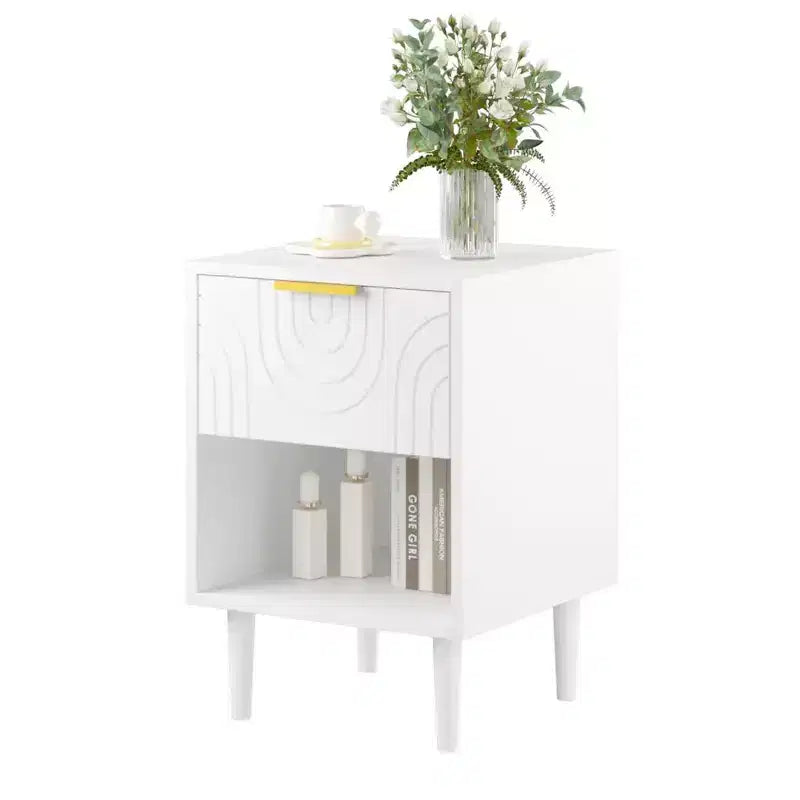 Zeus & Ruta 22.83 Modern White Nightstand with Gold Handle, One Drawer and Open Shelf for Bedroom Storage