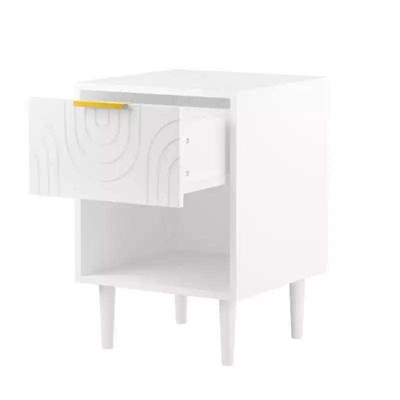 Zeus & Ruta 22.83 Modern White Nightstand with Gold Handle, One Drawer and Open Shelf for Bedroom Storage