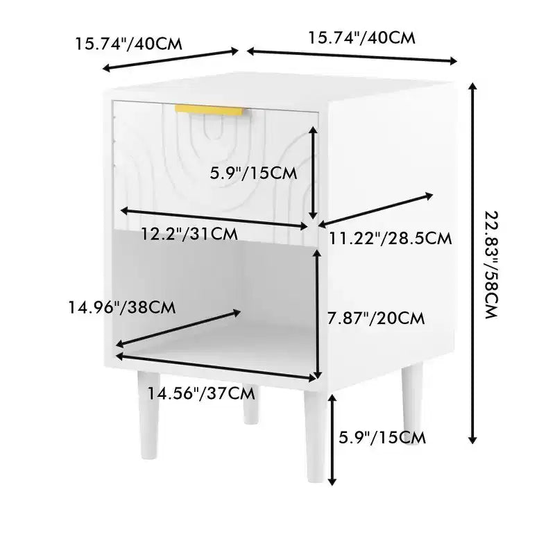 Zeus & Ruta 22.83 Modern White Nightstand with Gold Handle, One Drawer and Open Shelf for Bedroom Storage