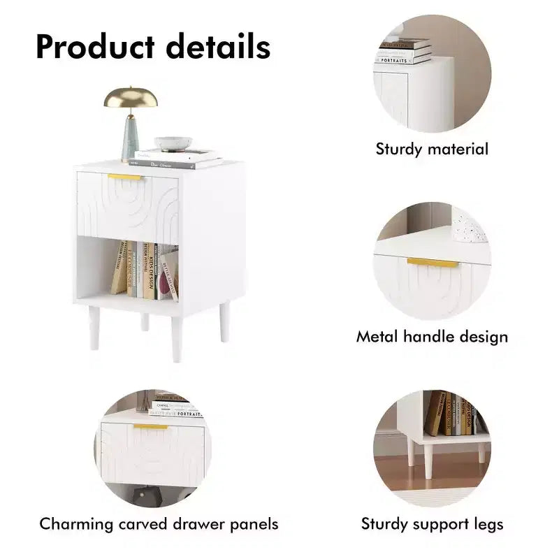 Zeus & Ruta 22.83 Modern White Nightstand with Gold Handle, One Drawer and Open Shelf for Bedroom Storage