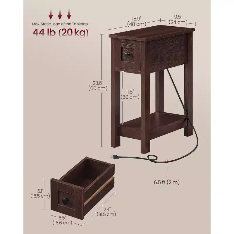 Slim Nightstand with Power Outlet, Superfast Toolless Assembly, Farmhouse Bedside Table, for Living Room