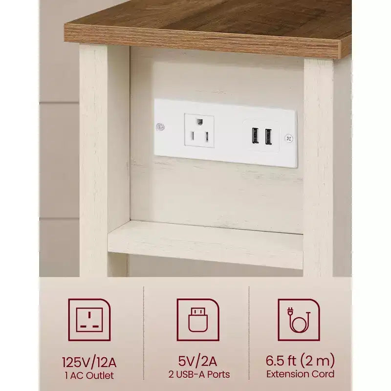 Slim Nightstand with Power Outlet, Superfast Toolless Assembly, Farmhouse Bedside Table, for Living Room