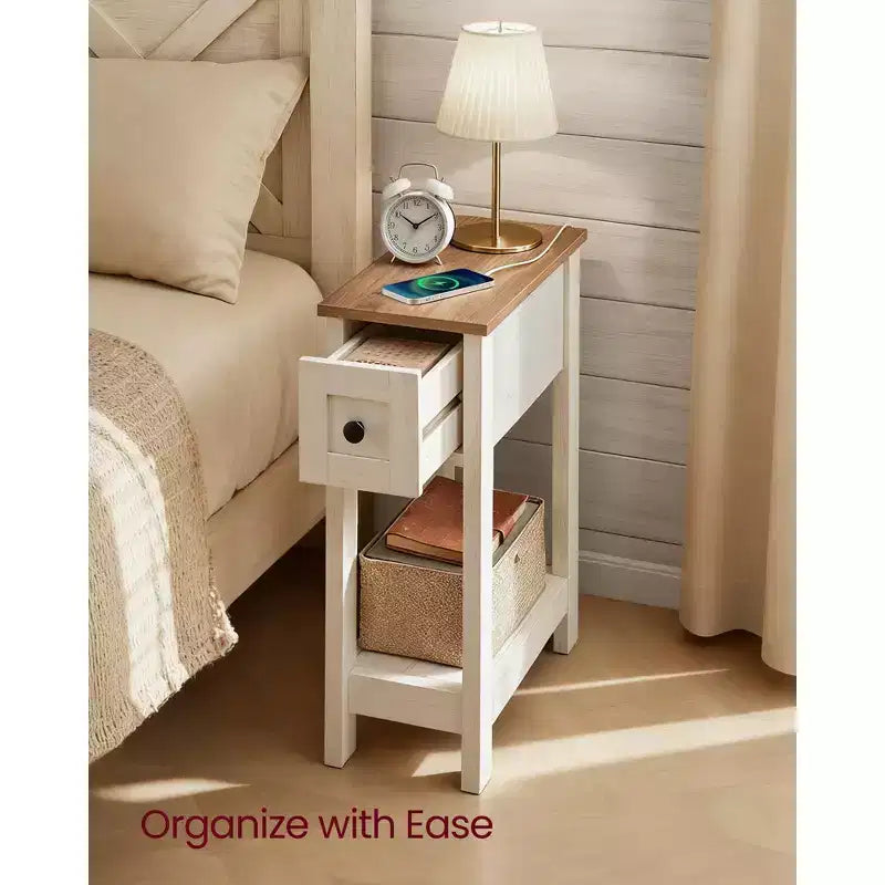 Slim Nightstand with Power Outlet, Superfast Toolless Assembly, Farmhouse Bedside Table, for Living Room