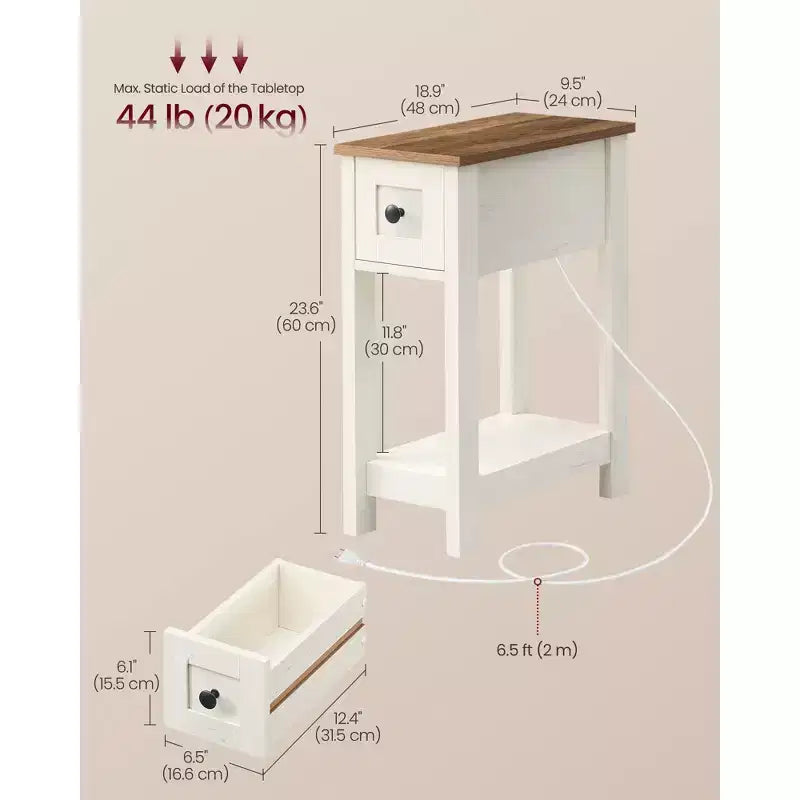 Slim Nightstand with Power Outlet, Superfast Toolless Assembly, Farmhouse Bedside Table, for Living Room