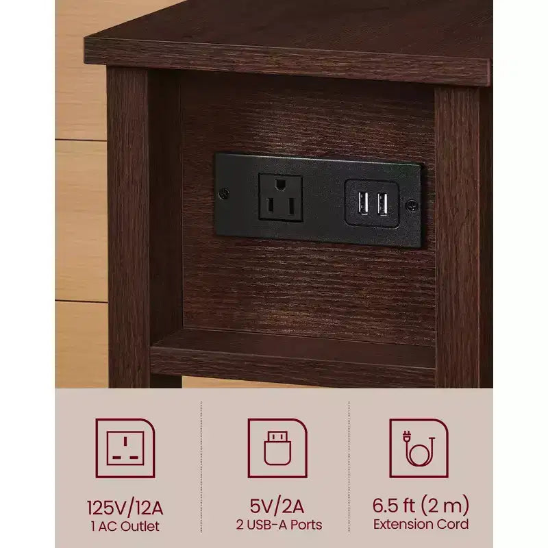 Slim Nightstand with Power Outlet, Superfast Toolless Assembly, Farmhouse Bedside Table, for Living Room