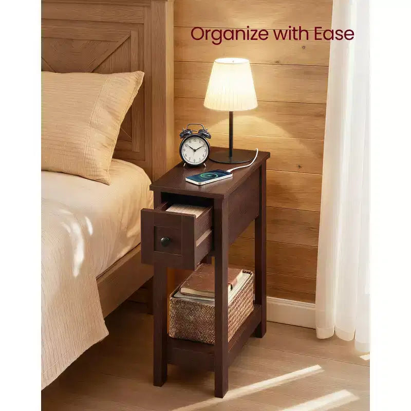Slim Nightstand with Power Outlet, Superfast Toolless Assembly, Farmhouse Bedside Table, for Living Room