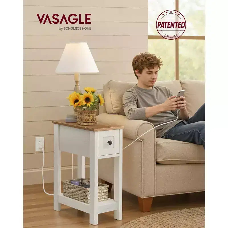 Slim Nightstand with Power Outlet, Superfast Toolless Assembly, Farmhouse Bedside Table, for Living Room