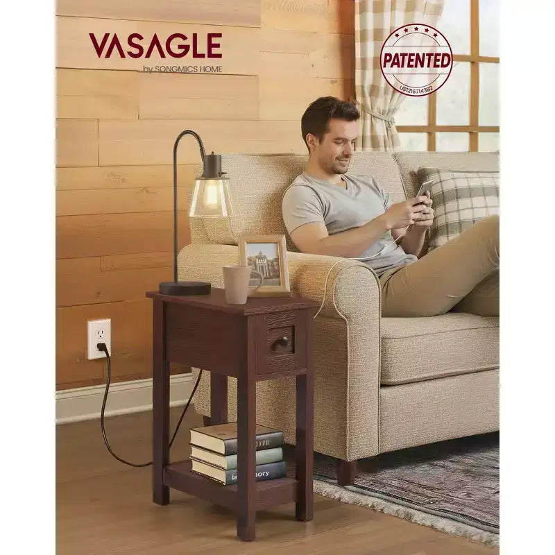 Slim Nightstand with Power Outlet, Superfast Toolless Assembly, Farmhouse Bedside Table, for Living Room