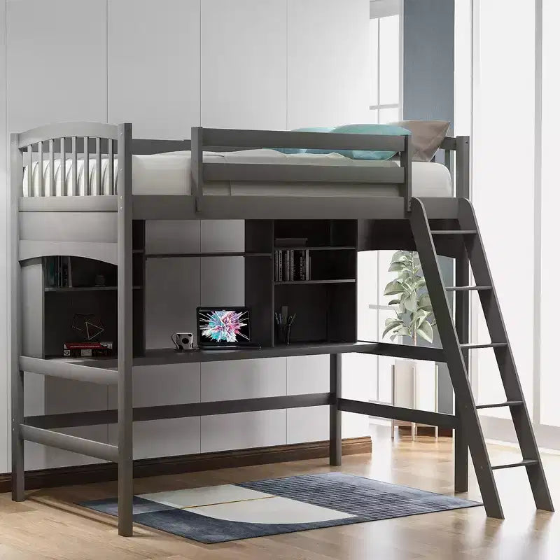 Whisen Twin size Loft Bed, Bed Frame with Storage Shelves, Full-length Guardrail, Desk and Ladder