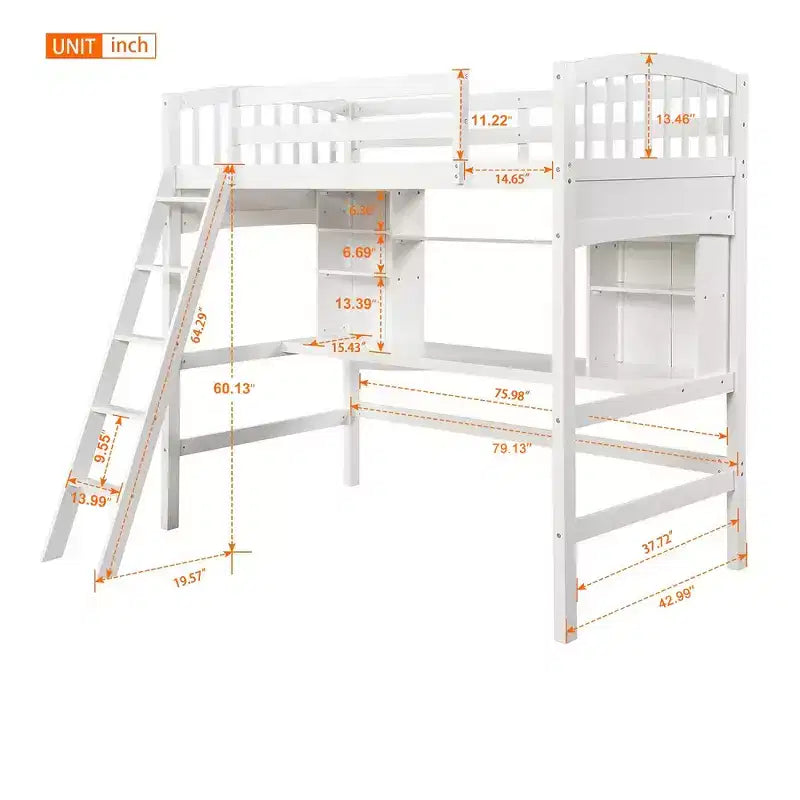 Whisen Twin size Loft Bed, Bed Frame with Storage Shelves, Full-length Guardrail, Desk and Ladder