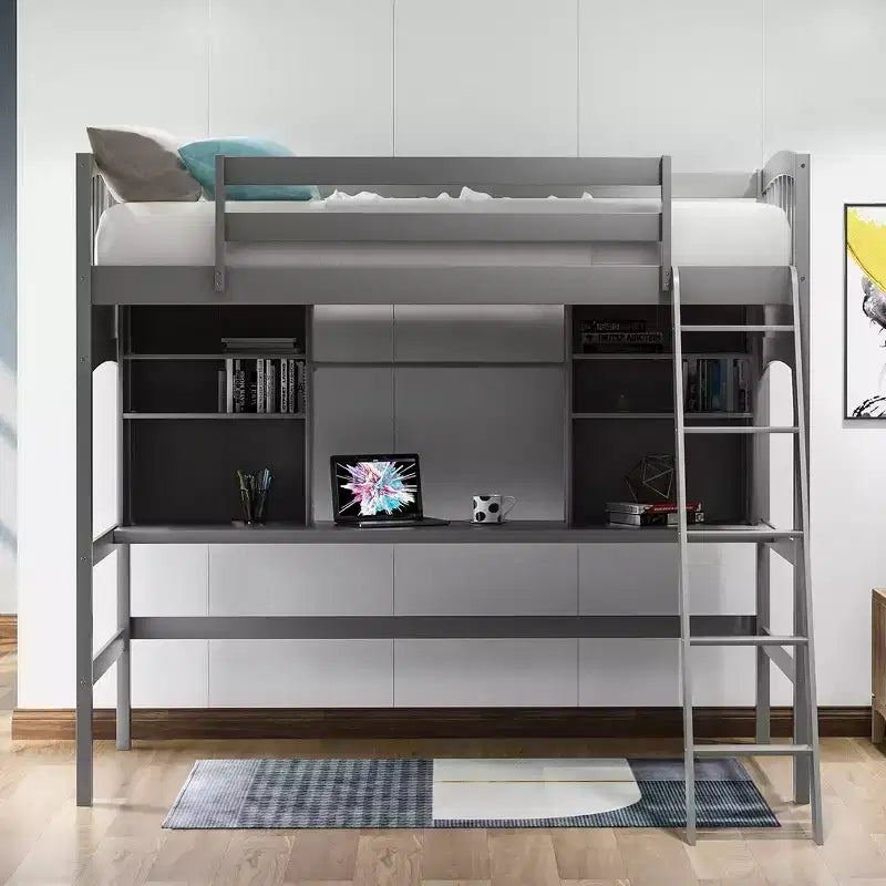 Whisen Twin size Loft Bed, Bed Frame with Storage Shelves, Full-length Guardrail, Desk and Ladder