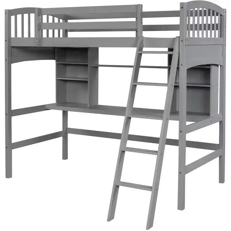 Whisen Twin size Loft Bed, Bed Frame with Storage Shelves, Full-length Guardrail, Desk and Ladder